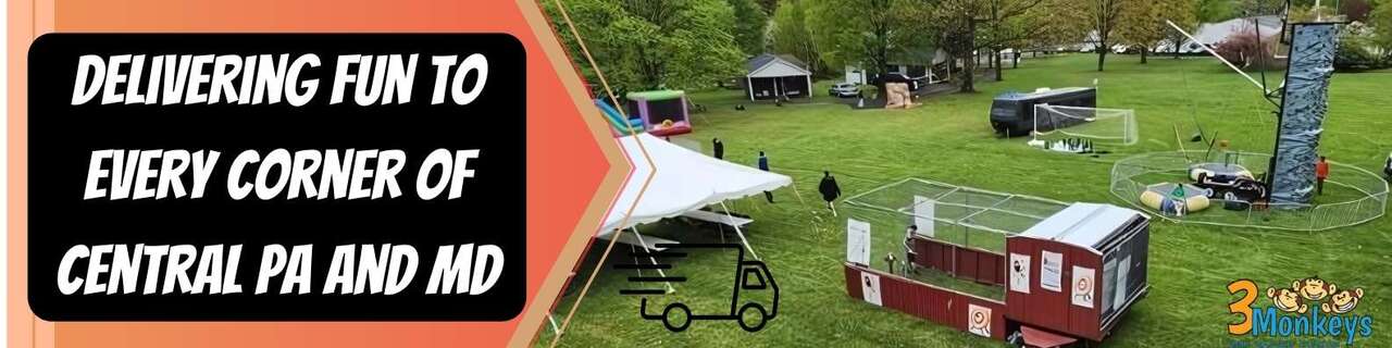 Party rental service areas in Central PA and Northern MD featuring bounce houses, water slides, and event equipment.