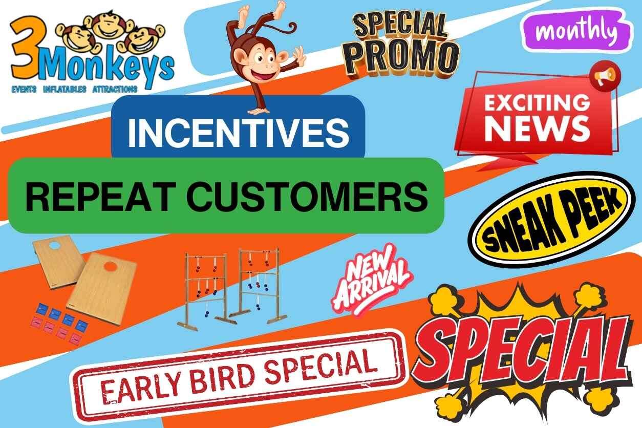 Customer Incentives for Repeat Customers of 3 Monkeys Inflatables - A Party and Event Rental Superstore located in Pennsylvania and Maryland near you