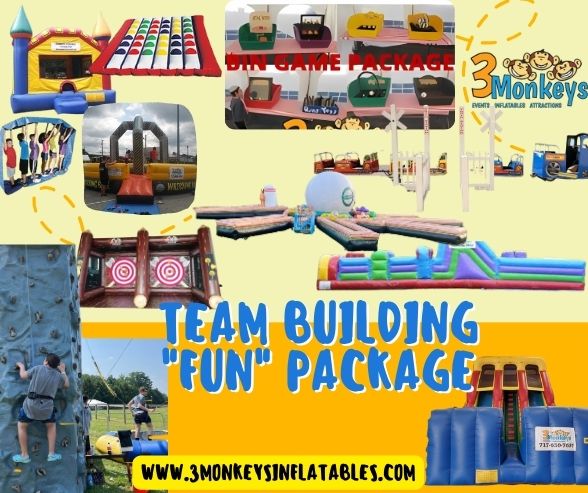 Team Building Fun Package from 3 Monkeys Inflatables featuring rock wall rentals, bungee trampolines, train rentals and game rentals