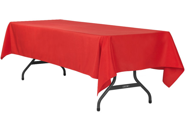 Red Polyester linen 60x120in fits our 8ft Rectangular Table Half way to the Floor