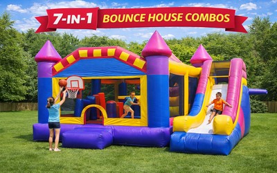 7-in-1 inflatable castle with slide, hoops, and obstacles for Wheaton, IL events