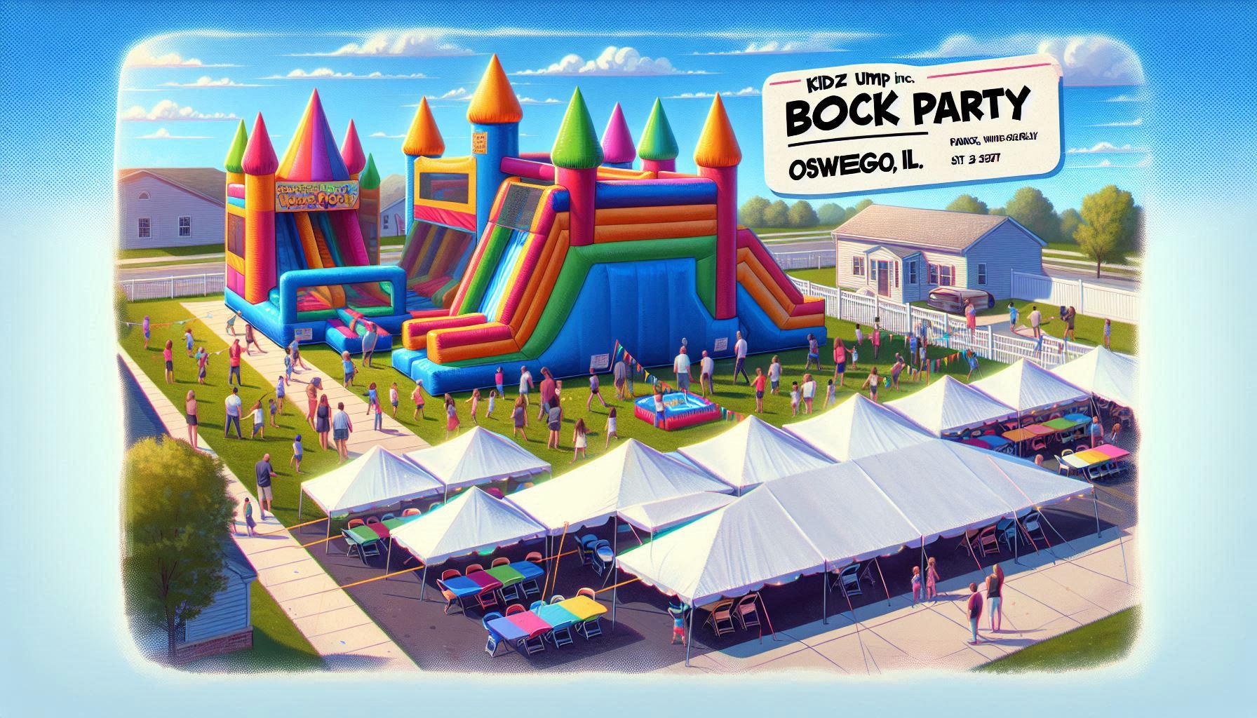 Bock party in Oswego, IL. Inflatable castles in bright hues fill the scene, enticing children to jump and play. Parents watch, which looks real. A thrilling water slide glistens in the sun, promising slippery fun for those brave enough to take the plunge. Under a spacious white Tent, neatly arranged tables and chairs invite families to relax and enjoy. Describe a text: "Kidz Jump Inc. Oswego IL."