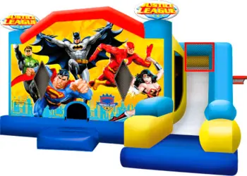 Check our 71 Justice League Bounce House 7-in-1, the ultimate inflatable attraction! With seven exciting activities in one, it guarantees endless fun for kids of all ages. **Features For Justice leage **   1. **Spacious Jumping Area** Ample room for kids to bounce and play. 2. **Climbing Wall:** Challenge your little adventurers with a fun climb to the top. 3. **Slide:** Thrill-seekers will love sliding down after climbing. 4. **Basketball Hoop:** Ideal for practicing shots and engaging in friendly competitions. 5. **Obstacle Course** Navigate through tunnels and pop-ups for added excitement. 6. **Interactive Play:** Engaging elements to keep kids entertained for hours. 7. **Safety Features:** Made from durable materials and secured with netting for peace of mind. Our Justice League Bounce House 7-in-1 is the perfect addition to birthday parties, school events, community gatherings, or any occasion where fun is a priority. Its easy setup and takedown make it a hassle-free choice for your event. Book now to create unforgettable memories! This bounce house features vertical and horizontal pop-ups, two basketball hoops, and a slide. It is designed for superheroes of all ages, with beloved characters such as Green Lantern, Superman, Batman, Flash, and Wonder Woman. The spacious jump area allows kids to practice superhero moves and enjoy seven engaging activities. It's an excellent way to entertain guests and create a fun atmosphere at any event.