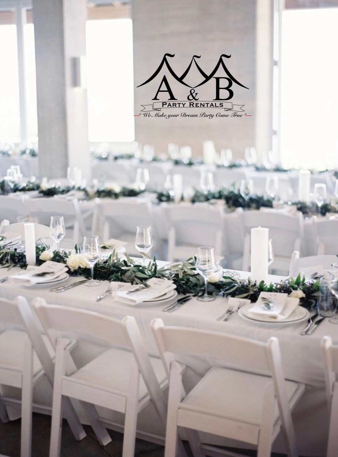 A set of elegant rectangular tables in a reception hall set up for a wedding or formal event. The image displays beautifully arranged tables suitable for weddings or formal events, part of the offerings by A&B Party Rentals in Salisbury, MD.