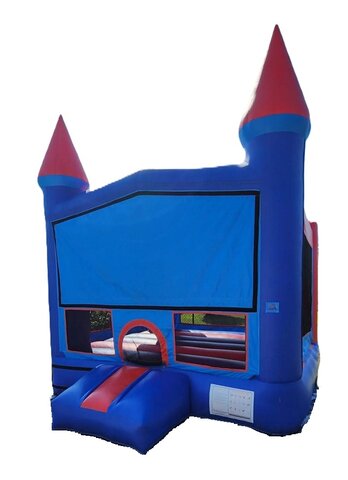 Blue castle bounce house with hoop in side