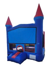 Blue castle bounce house with hoop