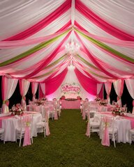20x30 tent with draping of your color choice and 3 chandeliers 