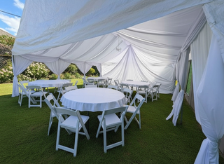 20x40 tent with draping of your color choice, 8 round tables, 64 garden chairs, 8 round table cloth, 4 chandeliers 