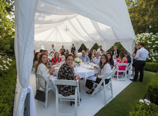 20x30 tent with draping of your color choice, 6 round tables, 48 garden chairs, 6 round table cloth, 3 chandeliers 