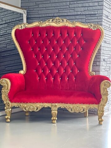 Double High Back Chair Queen Throne Red Velvet and Gold 