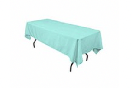 Tiffany Blue Polyester linen 60x120in fits our 8ft Rectangular Table Half way to the Floor