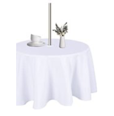 White Polyester W/ UMBRELLA HOLE 120in Round Tablecloth (Fits Our 60in Round Table to the Floor)