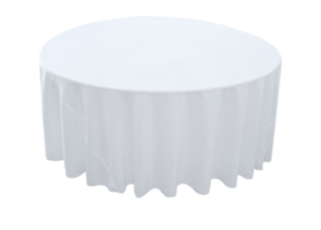 White Polyester 132in Round Table Linen (Fits Our 72in Round Table to the Floor)