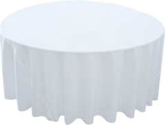 White Polyester 120in Round Tablecloth (Fits Our 60in Round Table to the Floor)