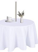  White Polyester WITH UMBRELLA HOLE 120in Round Tablecloth (Fits our 60in Round Table to the Floor)