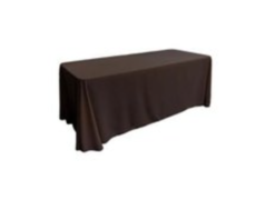 Chocolate Polyester Linen 90x156in fits our 8ft Rectangular Table to the Floor