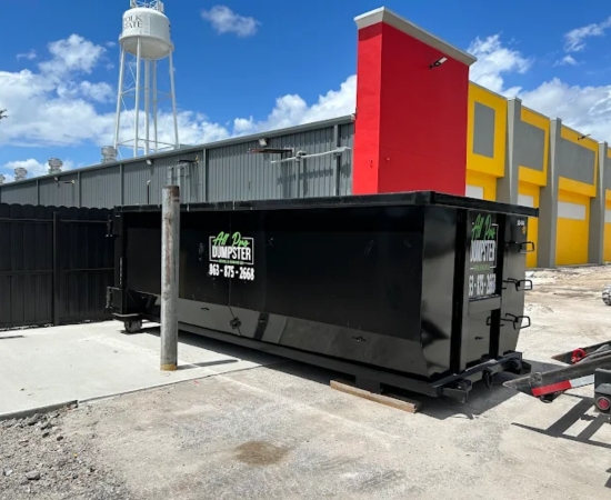 Commercial dumpster from All Pro Dumpster Rental & Hauling, LLC ready for waste removal at a business site Commercial dumpster from All Pro Dumpster Rental & Hauling, LLC ready for waste removal at a business site
