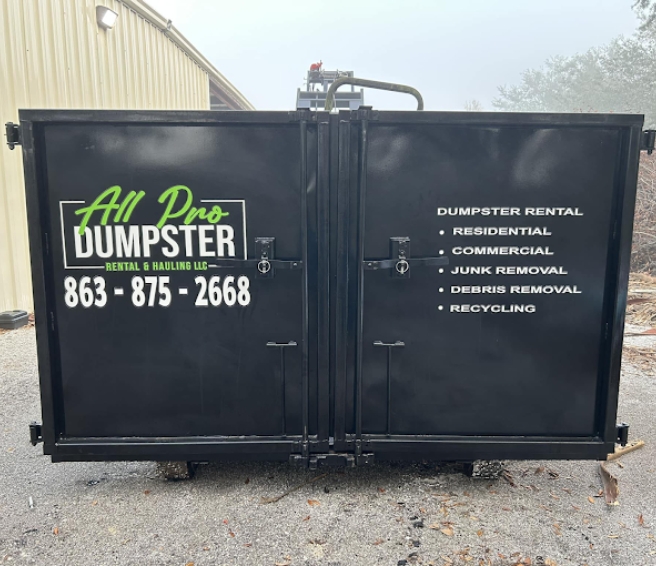 All Pro Dumpster Rental & Hauling, LLC roll-off dumpster parked beside a commercial building All Pro Dumpster Rental & Hauling, LLC roll-off dumpster parked beside a commercial building