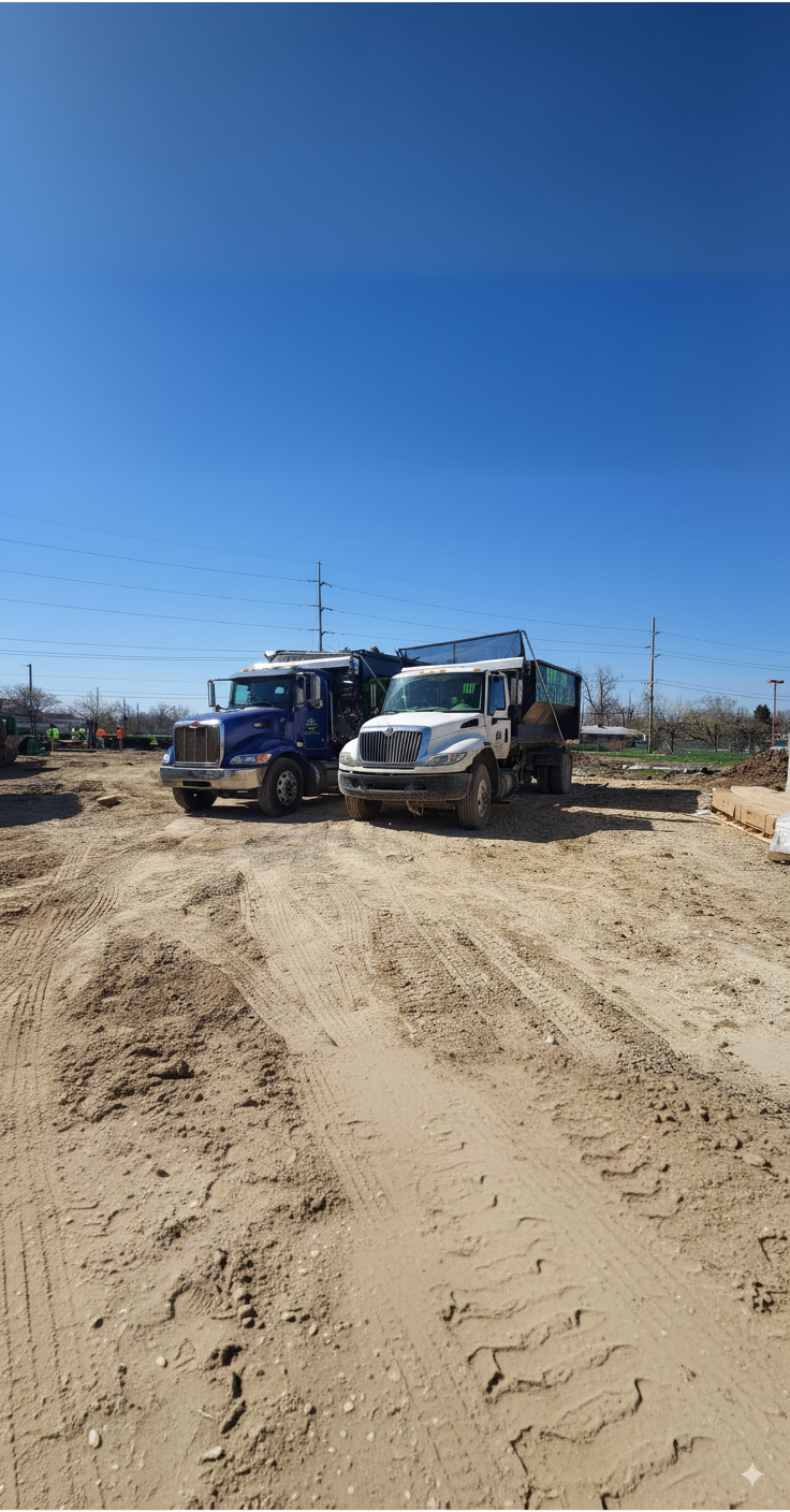 Two All-Pro Dumpsters dump trucks, one blue and one white, at a construction site.