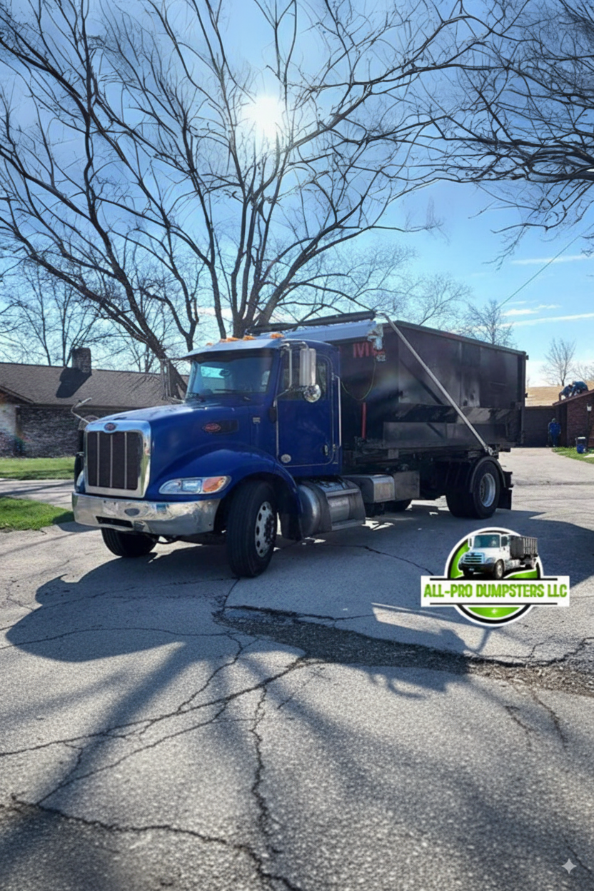 All-Pro Dumpsters blue truck with a black dumpster parked on a residential street.