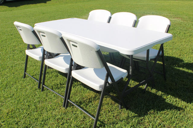 Tables - 6ft Rectangular w 6 white chairs w Bouncer or Slide
