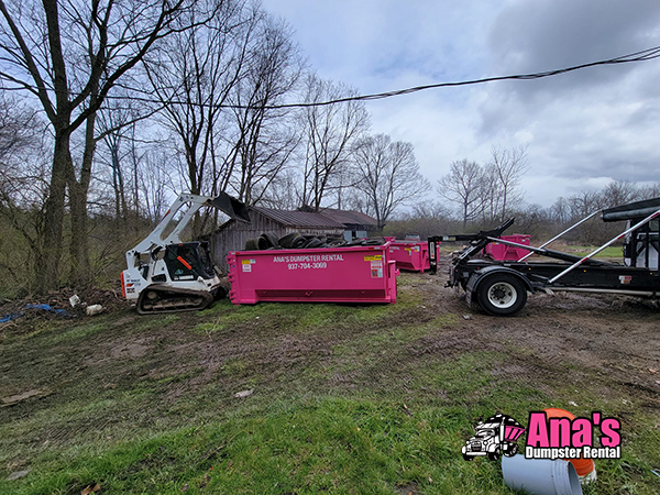 Skid steer loader placing debris into a pink Ana's Dumpster Rental container in a rural yard