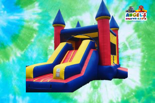 Blue and yellow bounce house with slide