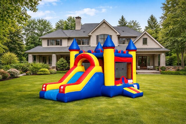 Blue and yellow bounce house with slide