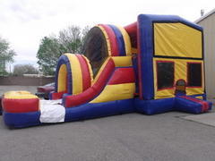 Fun house with slide and inflated pool