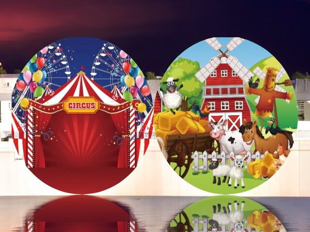 Round Backdrop Double Sided Cover - Includes Stand Circus/Farm Animals