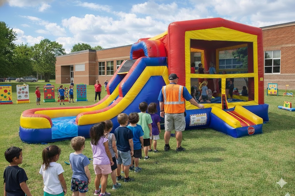 Children lining up for commercial grade bounce house rentals Cedar Hill, TX at a school field day event featuring a snack truck and PTO carnival games.