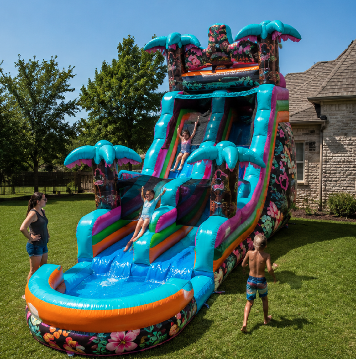 Children enjoying a colorful water slide and bounce house rental at a backyard party in Mansfield, Texas, provided by A Party Solution.