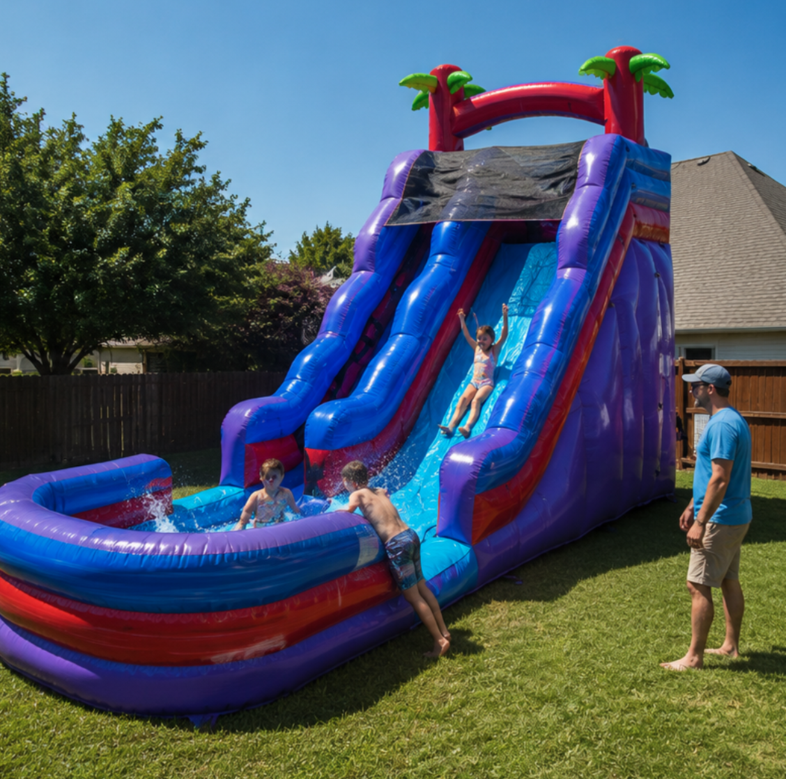 Family-friendly inflatable bounce house and water slide rental set up for an outdoor celebration in Mansfield, Texas, by A Party Solution.