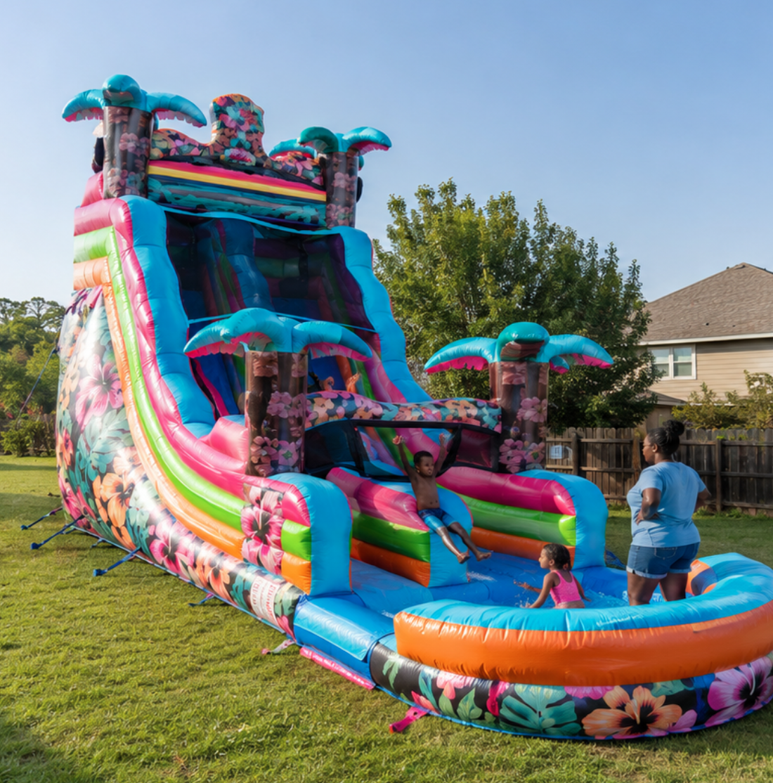 Inflatable water slide and bounce house rental prepared for a family event in DeSoto, Texas, by A Party Solution.