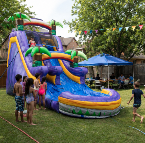 Purple, yellow, green, and blue tropical inflatable water slide with palm tree details and children splashing in the pool.
