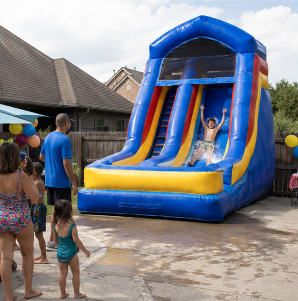 Blue, yellow, and red inflatable water slide with a large splash area and children playing at a family event.