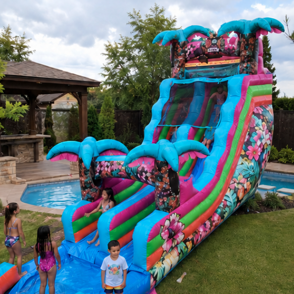 Colorful pink, blue, green, and orange inflatable water slide with a splash pool and kids enjoying a summer party.
