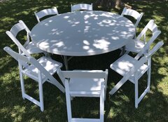 60 in. Round Table with 8 White Garden Chairs Set