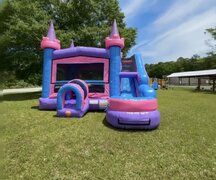 Pink modular castle bounce house combo with water slide