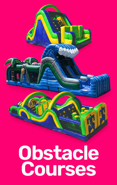 Hot pink hero card with three inflatable obstacle courses
