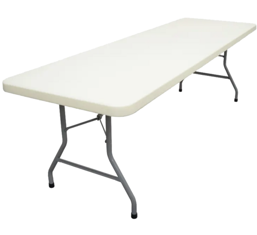 Eight Foot Rectangular Plastic Folding Table with no background.