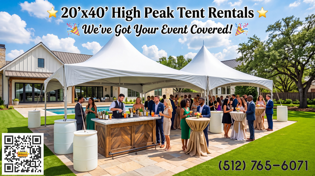 20'x40' High Peak Tent setup in nice Texas backyard with overlaid titles from Austin Bounce House Rentals™