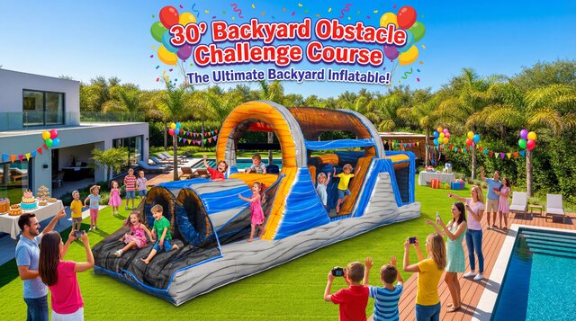 backyard obstacle challenge course setup in a nice yard with kids playing and parents watching with title overlays.