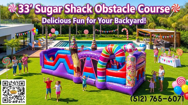 33 foot obstacle course with candy decorations setup in a backyard with kids playing and parents watching. Title overlay.