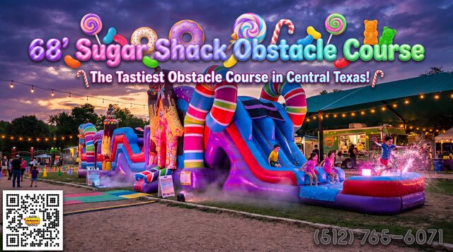 The 68' Sugar Shack Obstacle Course setup in a nice yard with kids playing.