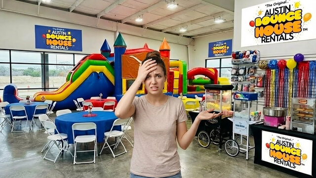 Image of party rental showroom with a mom looking confused over the choices and rules.