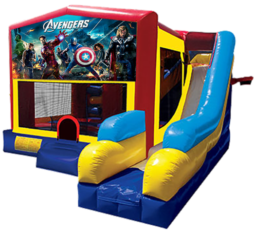 Avengers themed bounce house with slide and obstacles, background removed.
