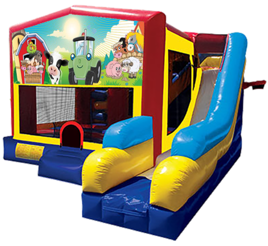 Barnyard Animals themed bounce house with slide and obstacles, background removed.