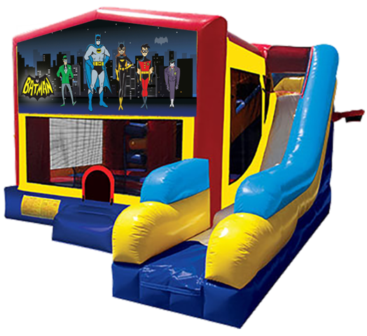 Batman themed bounce house with slide and obstacles, background removed.