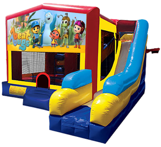 Beat Bugs themed bounce house with slide and obstacles, background removed.